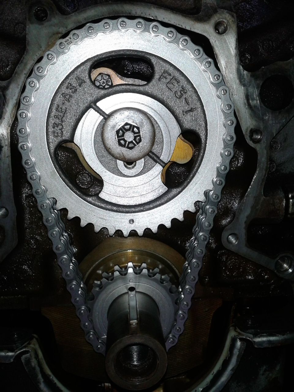 Close-up of engine timing chain, gears, and tensioner. Text 'E3AE-43A' and 'FE3-1' visible