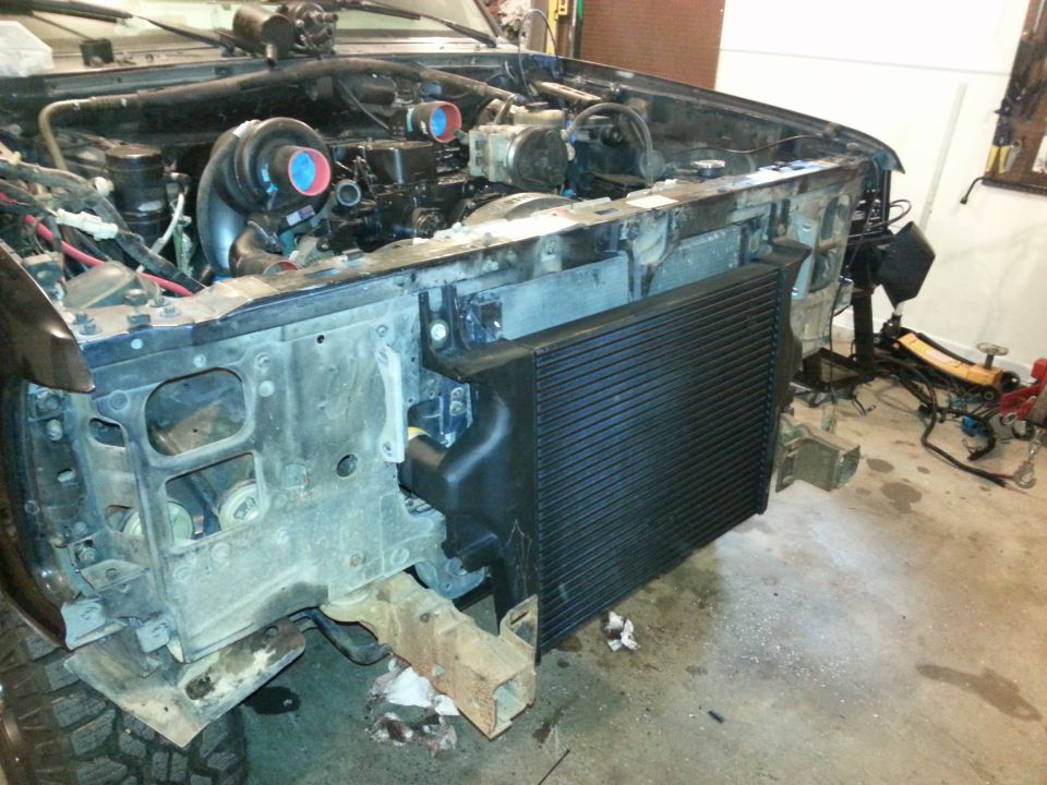 Engine bay with twin turbos and large intercooler installed