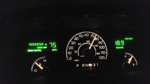 2004 Lincoln Town Car - Dashboard gauges of a 2004 Lincoln Town Car display 100,000 miles, 75 MPH, and 18.9 MPG.
