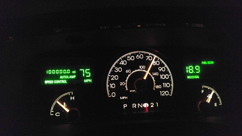 2004 Lincoln Town Car dashboard showing 100,000 miles, 75 MPH, and 18.9 MPG