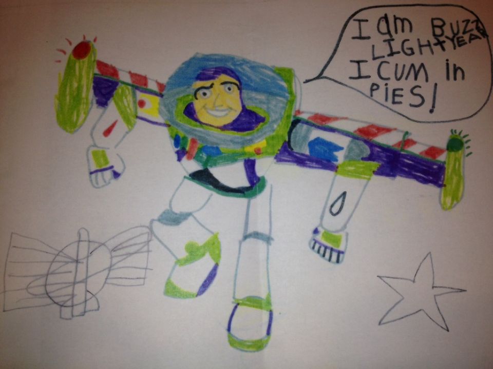 Drawing of Buzz Lightyear from Toy Story with a speech bubble.
