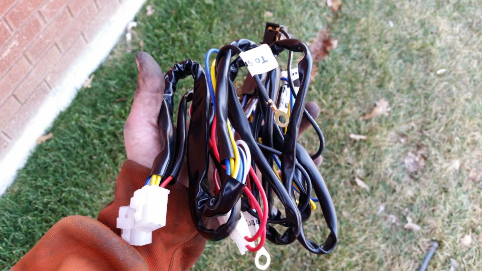 Hand holding a wiring harness with colored wires and connectors.