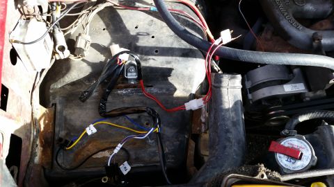 1981 Ford Bronco - Close-up view of the engine bay of a 1981 Ford Bronco, showing wiring harnesses, hoses, and engine components. The image focuses on the ele…