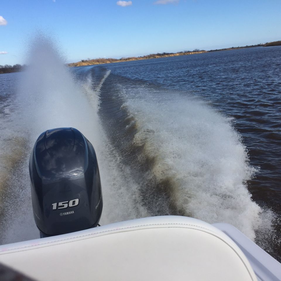 Outboard motor with "150 YAMAHA" text on a boat creating a wake.