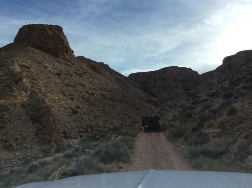 Rear view of a dark Jeep Wrangler driving on a dirt road in a rocky canyon.