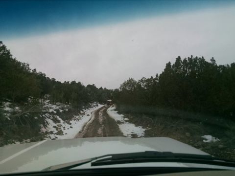 1979 Ford Bronco - A dirt road winds through a snowy, wooded landscape, with the hood and windshield of a white vehicle in the foreground. Another vehicle is…