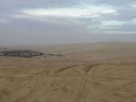 1989 Ford Bronco - Several vehicles are visible in the distance on a vast expanse of sand dunes under an overcast sky.