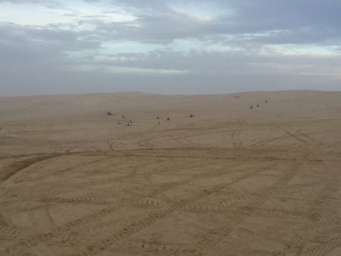 1989 Ford Bronco - Off-road vehicles traverse sandy dunes, leaving tracks in the desert landscape.