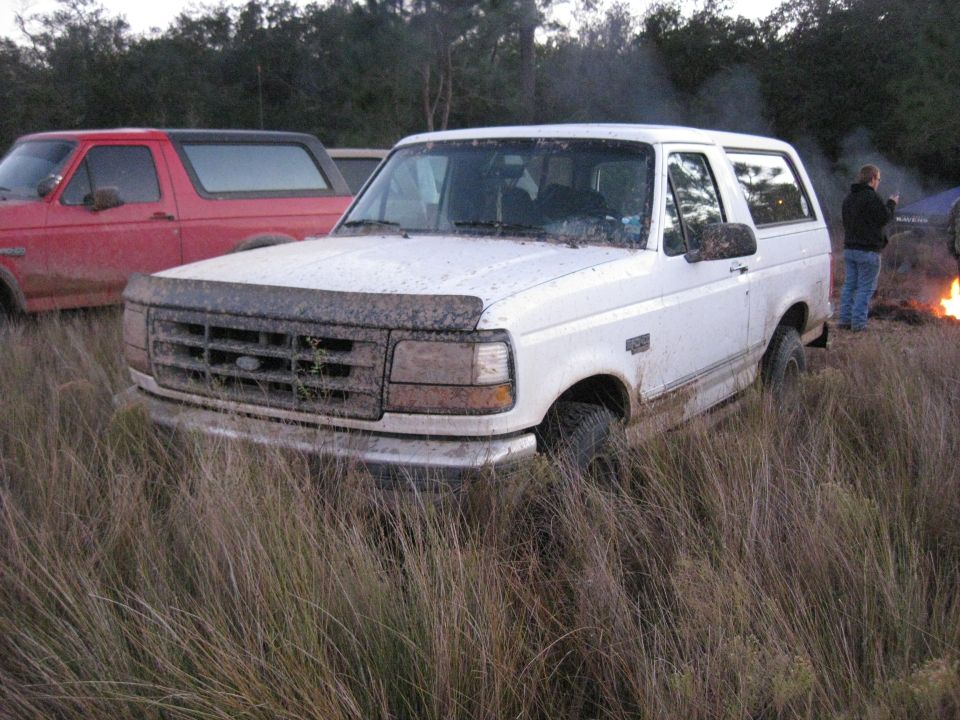 White Ford Bronco in tall grass, front view. Mud on grille and hood. Red Bronco visible behind