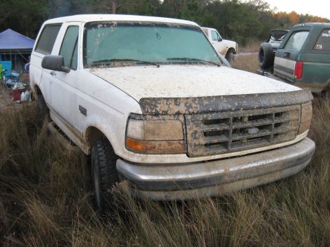 1994 Ford Bronco - Mud-covered 1994 Ford Bronco parked in tall grass with other vehicles in the background.