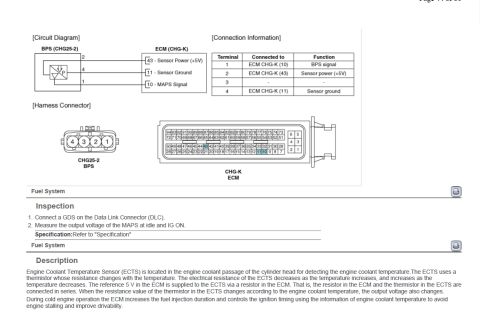2010 Hyundai Genesis - This document details the wiring connections for the ECM and a harness connector, along with a description of the Engine Coolant Temperatur…