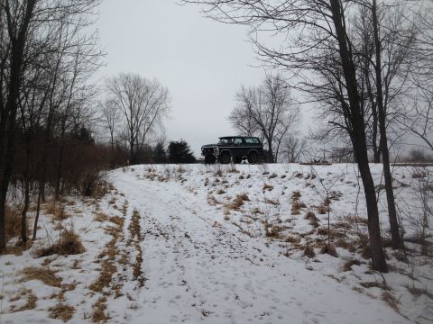 1979 Ford Bronco - A dark 1979 Ford Bronco is parked on a snow-covered incline, surrounded by bare trees.