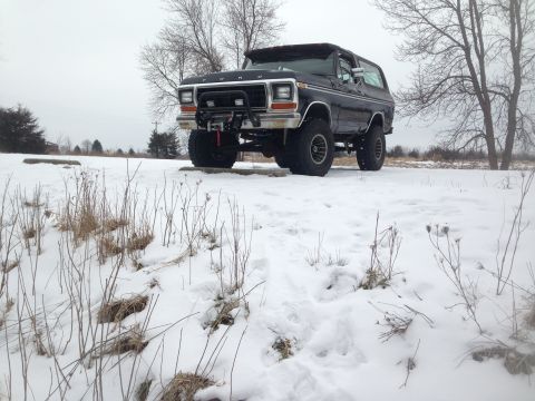 1979 Ford Bronco - A black Ford Bronco sits in a snowy field with bare trees in the background.