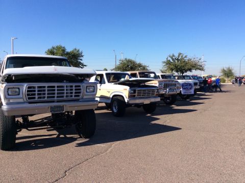 1979 Ford Bronco - A line of Ford Broncos and trucks are parked under a clear blue sky.