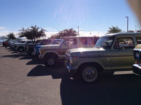 1979 Ford Bronco - A row of classic Ford Broncos and trucks are parked outdoors on a sunny day.