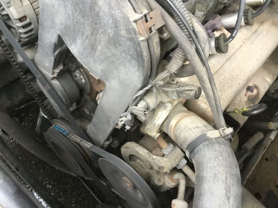 Engine bay with serpentine belts and pulleys