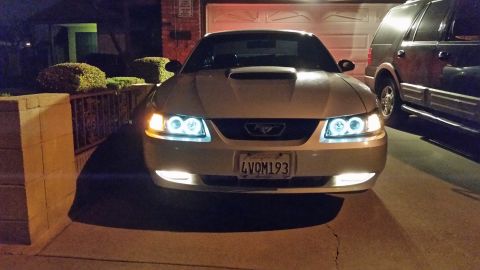 2002 Ford Mustang - Front view of a 2002 Ford Mustang showing its custom halo headlights and hood scoop.