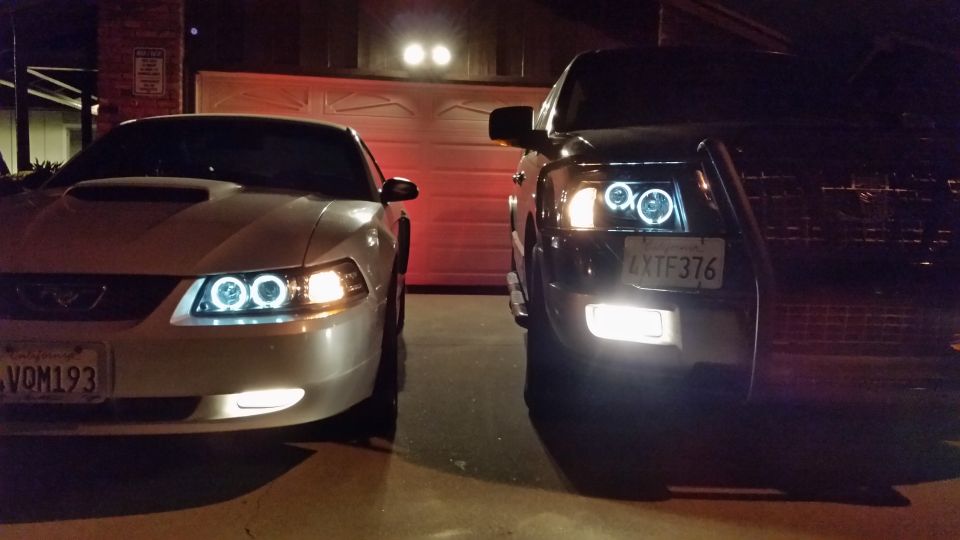 Front view of a white Ford Mustang and a dark SUV with halo headlights parked in front of a garage door