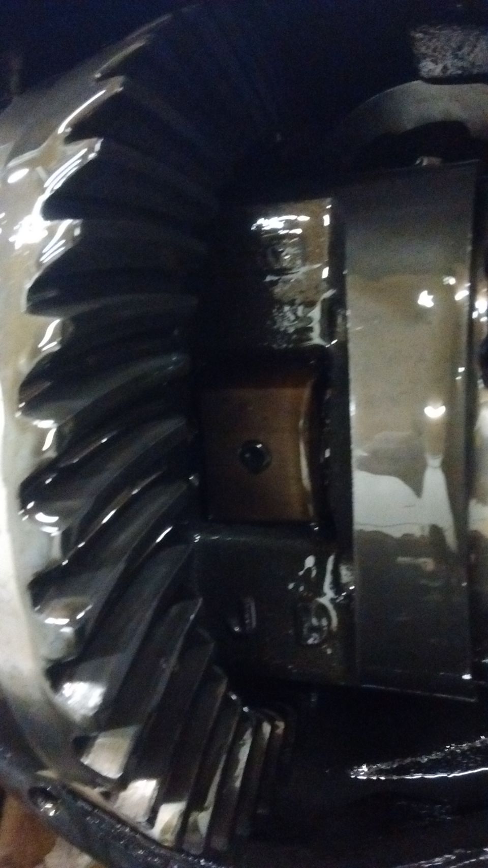 Close-up of differential gears with dark lubricant