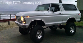 1979 Ford Bronco - A white Ford Bronco with large tires is parked on pavement near a beach. Text indicates it's from January 2016.