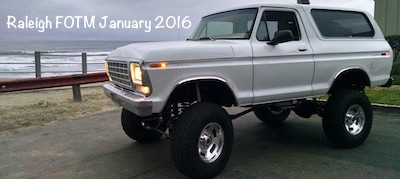 1979 Ford Bronco - This 1978 Ford Bronco is modified with a lift kit and oversized tires, seen parked by the coast.