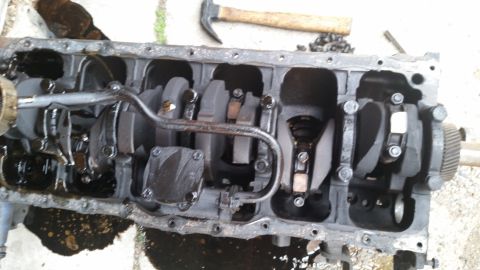 1981 Ford Bronco - Disassembled engine block with crankshaft and connecting rods, showing internal components.