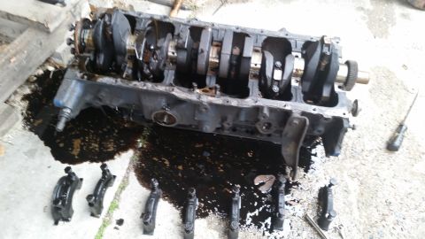 1981 Ford Bronco - Disassembled engine block and components resting on a concrete surface with spilled oil.