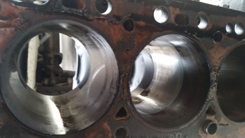 1981 Ford Bronco - This is a close-up view of an engine's cylinder block, revealing the internal condition of the cylinders.