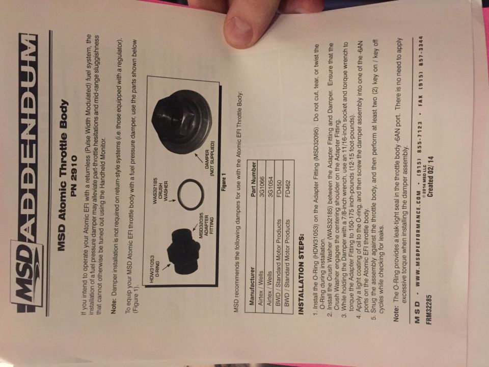 MSD Addendum for Atomic Throttle Body PN 2910 fuel pressure damper installation with parts list