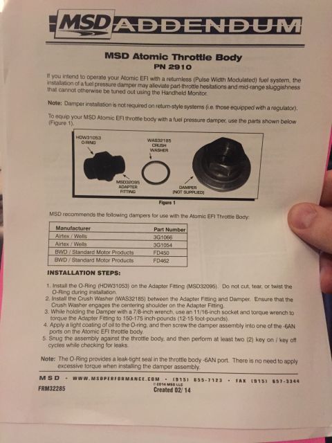 1982 Ford Bronco - MSD Atomic EFI throttle body (PN 2910) addendum: fuel pressure damper install steps for returnless PWM systems, torque adapter fitting to 1…