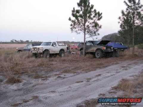 1992 Ford Bronco - A white Ford Bronco and a black Ford pickup truck are parked in a grassy field with trees and a blue canopy. The scene appears to be a camp…
