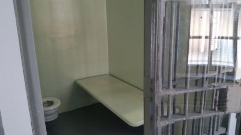 1991 Ford LTD Crown Victoria - Photograph of an empty jail cell showing a bench, toilet and open steel-barred door.