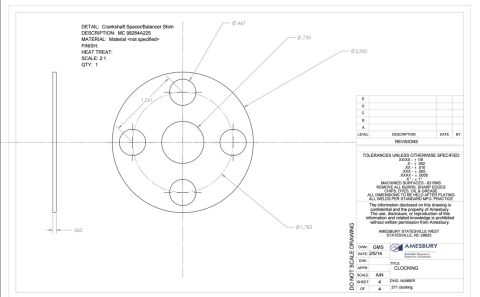 1994 Ford Bronco - Dimensioned engineering blueprint of a crankshaft spacer/balancer shim with tolerances and title block.