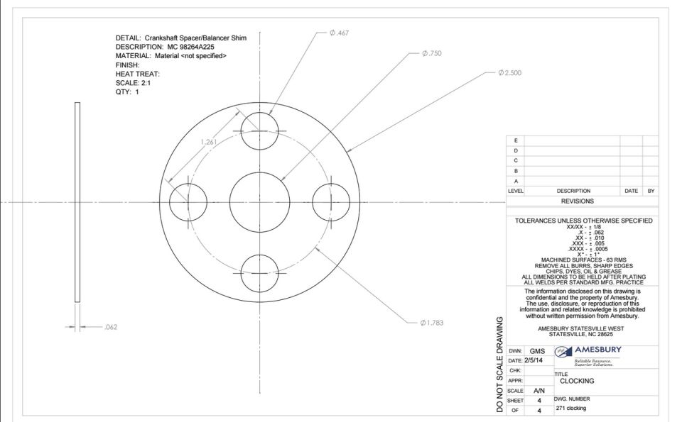 Engineering blueprint of crankshaft spacer/balancer shim with dimensions and title block