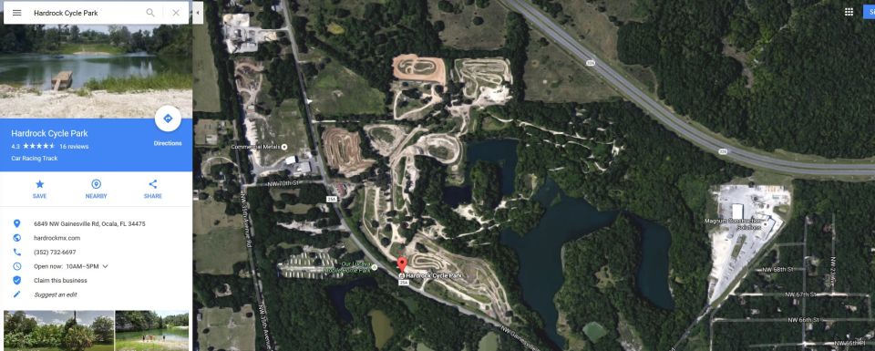 Aerial view of Hardrock Cycle Park showing motocross tracks and a lake