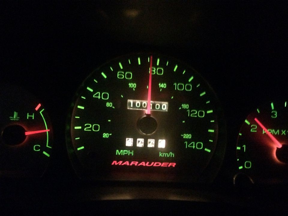 Marauder speedometer showing 100,000 miles and 70 mph