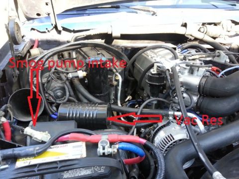 1994 Ford Bronco - Close-up view of engine components, including labeled smog pump intake and vacuum reservoir.