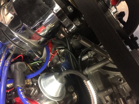 1982 Ford Bronco - Close-up view of an engine bay chrome components and blue spark plug wires.