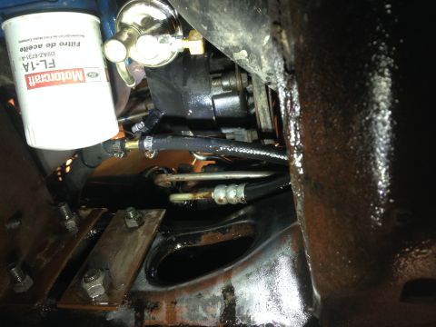 1979 Ford Bronco - Close-up view of engine components including a Motorcraft oil filter and various hoses.