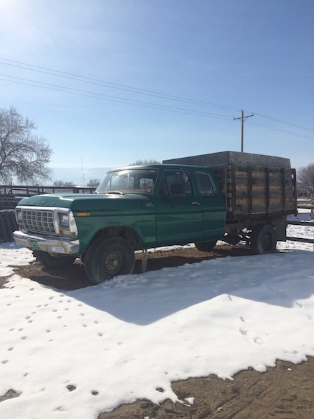 1981 Ford Bronco - A green Ford pickup truck with a wooden bed is parked in a snowy, outdoor setting. The truck has a crew cab and appears to be an older mode…