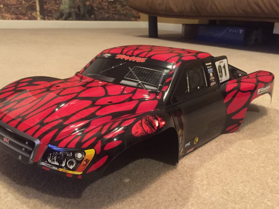 RC car body with red and black snake pattern, number 91 decal, BFGoodrich decal