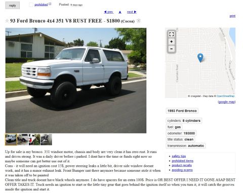 1994 Ford Bronco - Classified listing screenshot advertising a 1993 Ford Bronco with photo, map and specs.