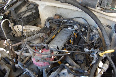 1994 Ford Bronco - A close-up view of a dusty engine bay, showing various hoses, wires, and engine components. A silver, rectangular component, possibly an oi…