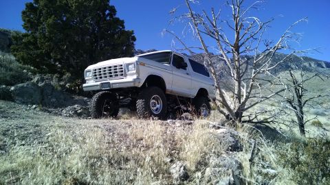 1979 Ford Bronco - A lifted, white 1979 Ford Bronco is parked on a rocky, dry landscape with sparse vegetation and a clear blue sky overhead.