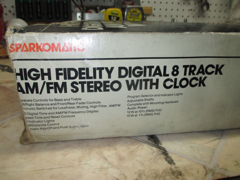 Photo of a Sparkomatic stereo box with feature list