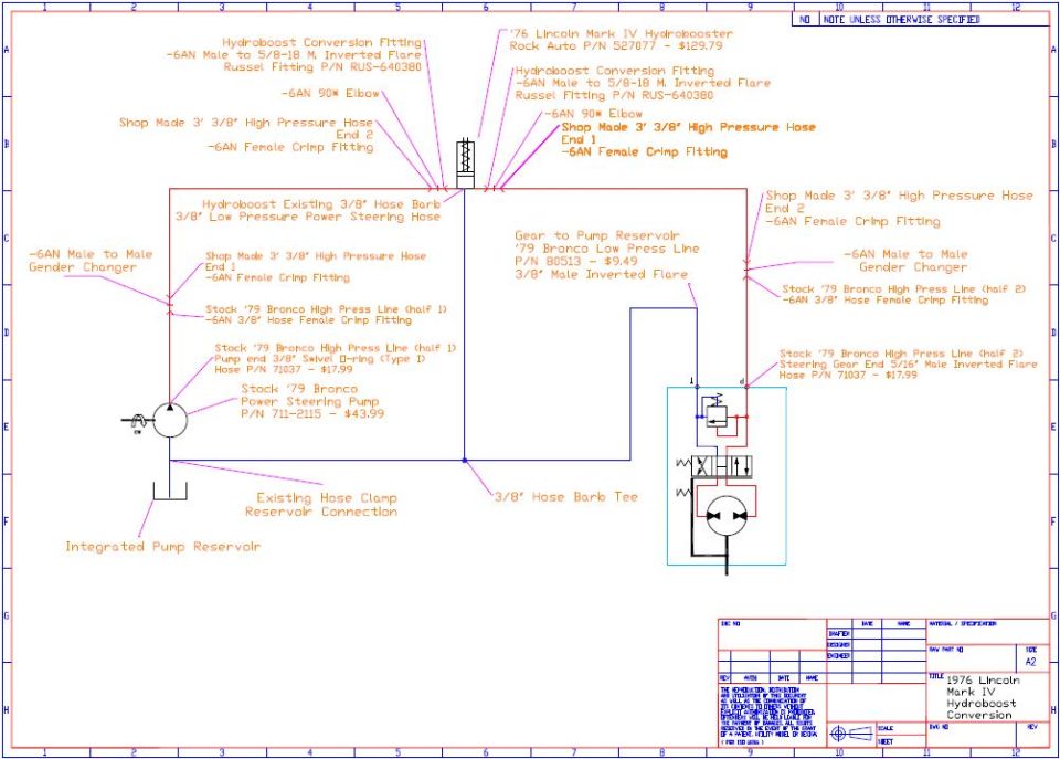 Schematic diagram of a 1976 Lincoln Mark IV hydroboost conversion.