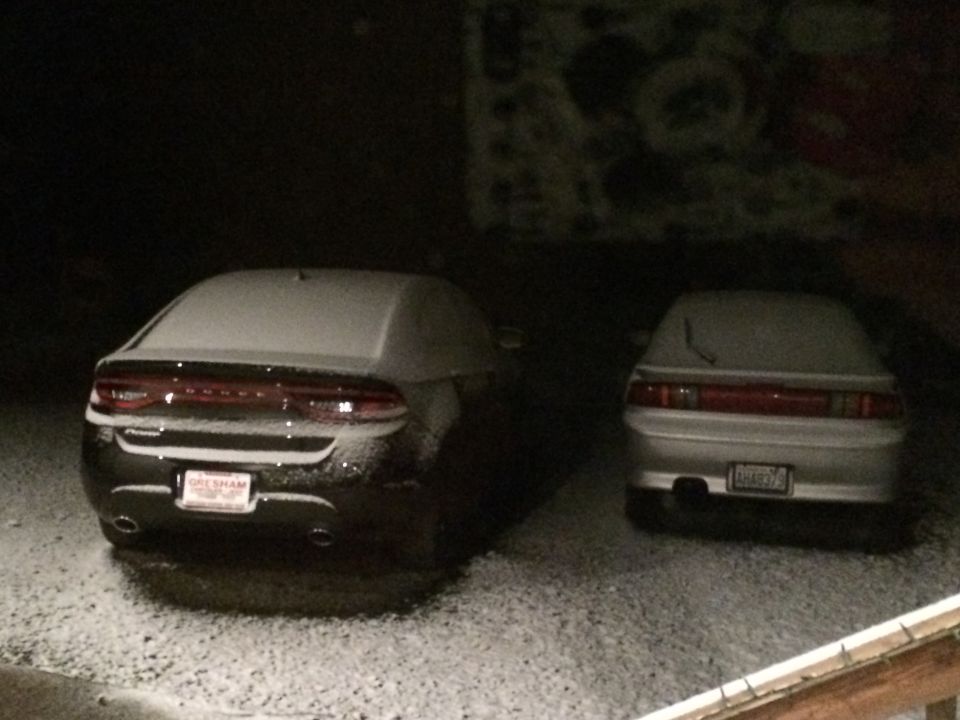 Two snow-covered sedans parked side-by-side at night, rear view.
