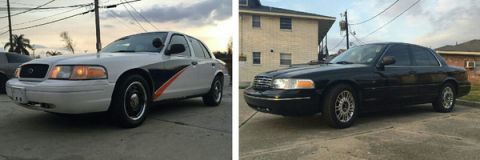 2008 Ford Crown Victoria - A split image shows two vehicles, one silver and one dark, in different outdoor settings.