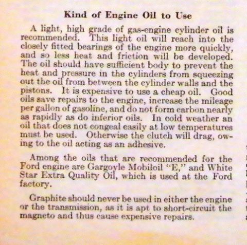 1909 Ford Model T - This document provides information on engine oil recommendations for Ford engines, including specific brands and usage advice.