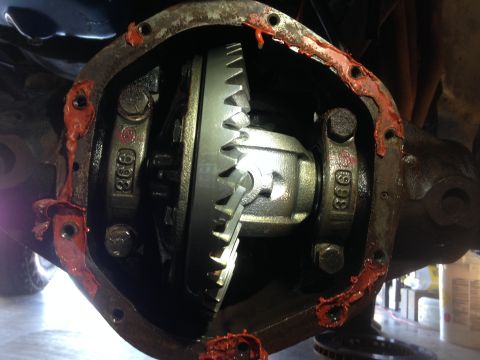 1979 Ford Bronco - Close-up view of a vehicle's differential housing, showing internal gears and fresh red sealant around the gasket surface.